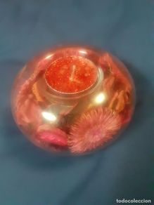 Vintage: adorno de cristal con composicion interior de flores secas y soporte para vela